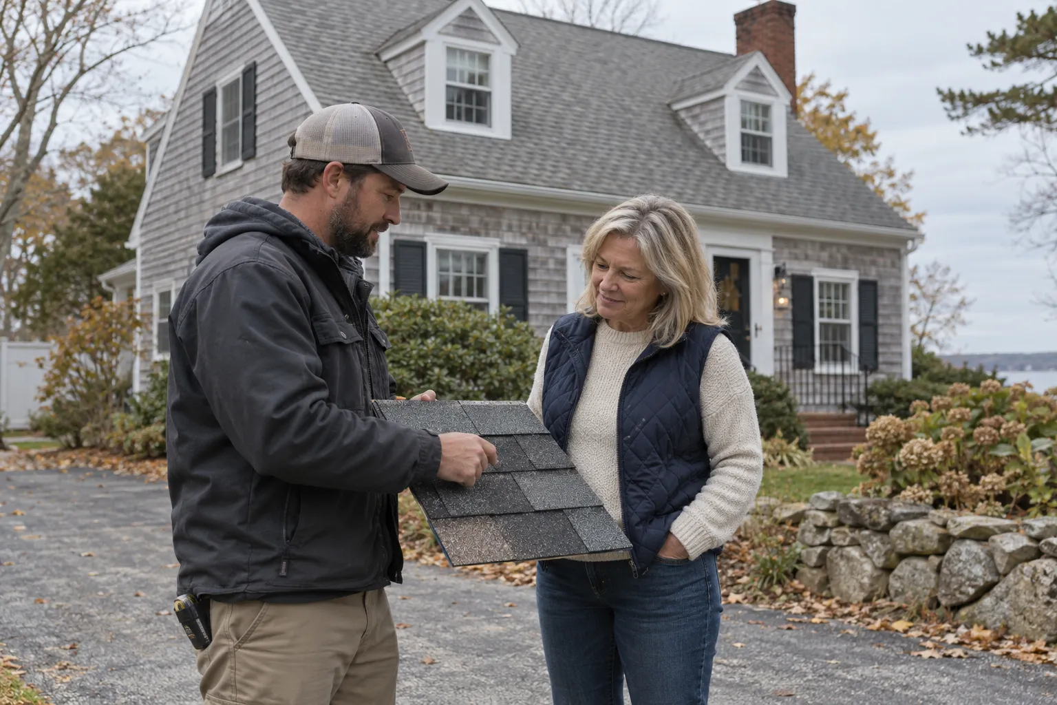A roofing provider discussing options with a homeowner near Trenton